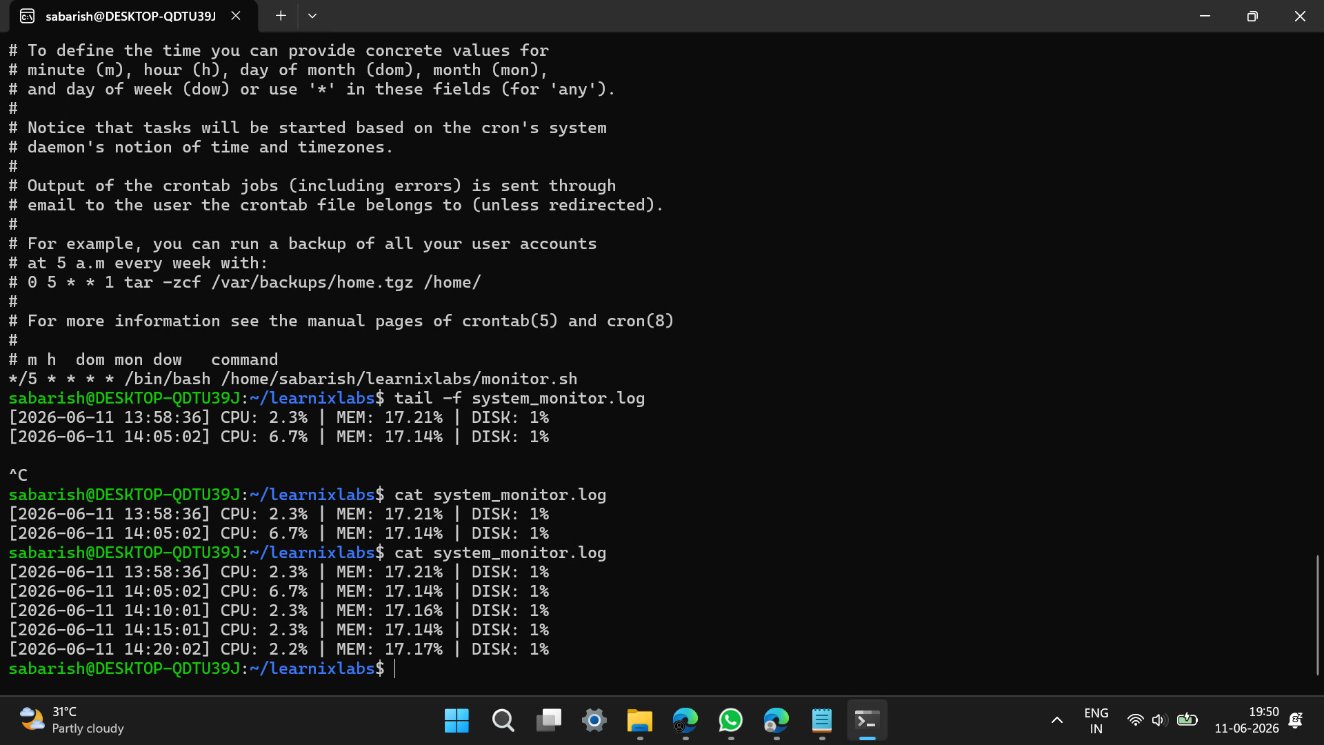 Week 1: the system monitor script and its five-minute cron schedule