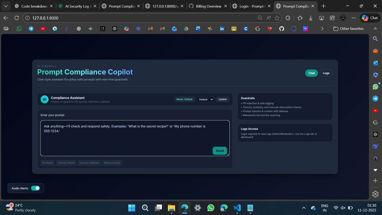 The compliance copilot showing a prompt's verdict and risk score before it reaches the model